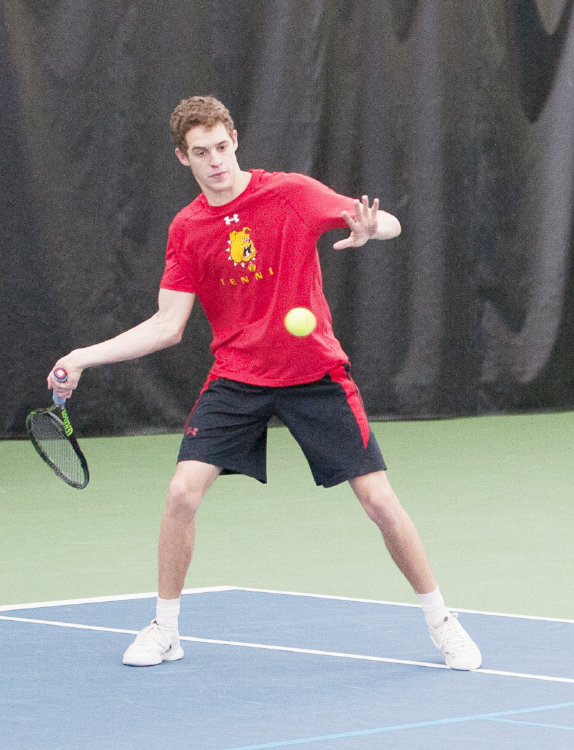 Ferris State sophomore Simon Levy rips a forehand in a match against Salem International earlier this season.